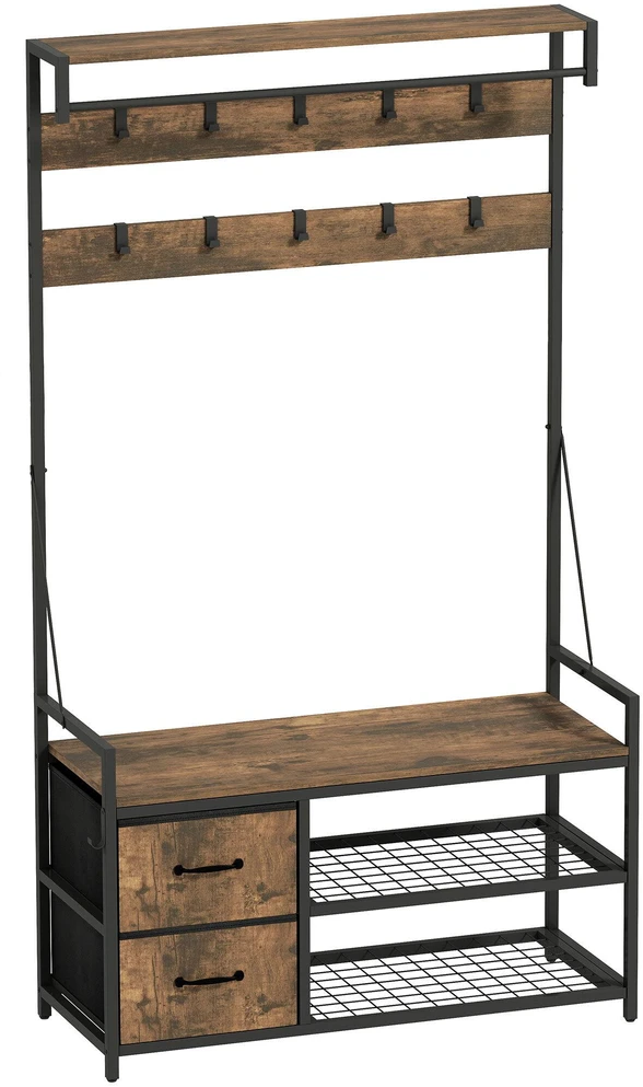 HOMCOM 6-in-1 drabužių kabykla su suoliuku ir batų lentyna, industrinio stiliaus, 10 kabliukų, 2 medžiaginiai stalčiai, metalas, ruda