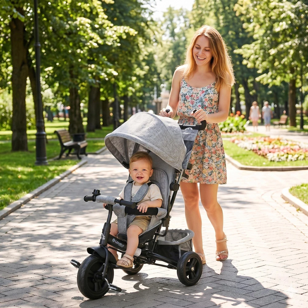 HOMCOM 6-in-1 triratis su stumiamąja rankena, vaikiškas triratis su nuimamu stogeliu nuo saulės, pagalvėle, stumdukas su 5 taškų saugos diržais, krepšeliu, puodelių laikikliu, skirtas 1-5 metų vaikams, pilkas