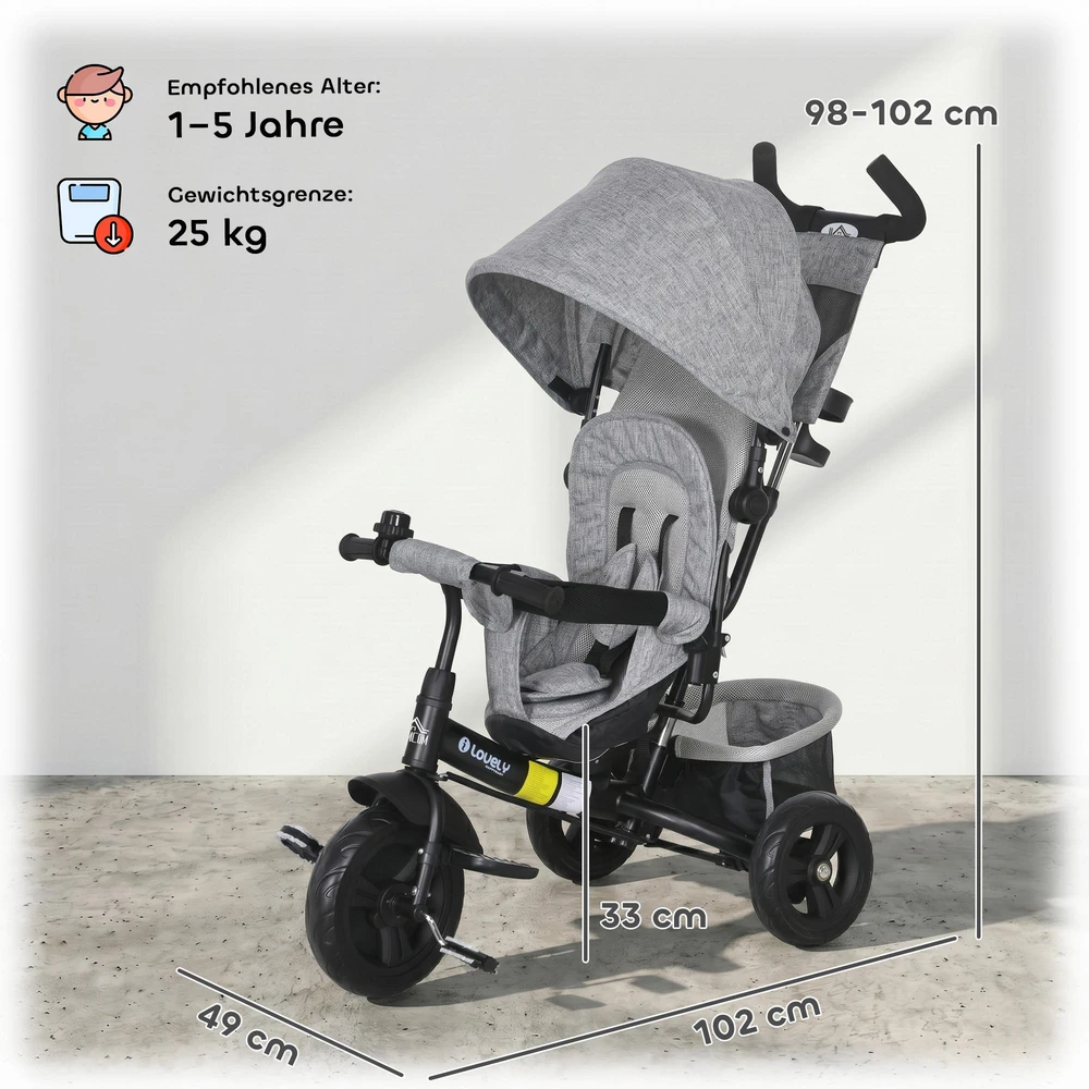 HOMCOM 6-in-1 triratis su stumiamąja rankena, vaikiškas triratis su nuimamu stogeliu nuo saulės, pagalvėle, stumdukas su 5 taškų saugos diržais, krepšeliu, puodelių laikikliu, skirtas 1-5 metų vaikams, pilkas