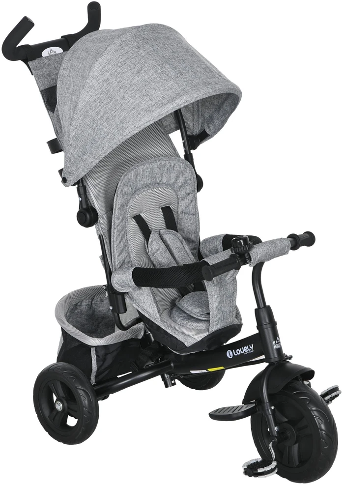 HOMCOM 6-in-1 triratis su stumiamąja rankena, vaikiškas triratis su nuimamu stogeliu nuo saulės, pagalvėle, stumdukas su 5 taškų saugos diržais, krepšeliu, puodelių laikikliu, skirtas 1-5 metų vaikams, pilkas