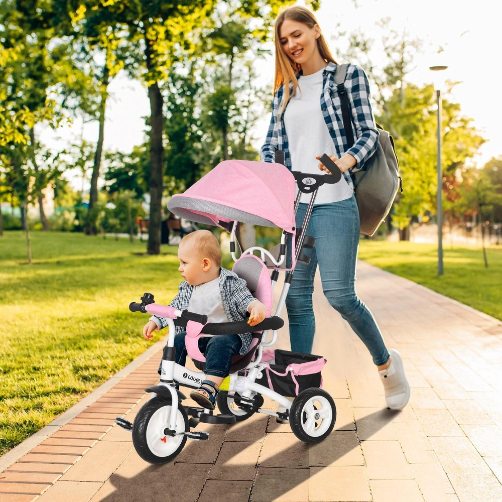 HOMCOM 6-in-1 triratukas su stūmimo rankena, vaikiškas triratukas su nuimamu stogeliu nuo saulės, balansinis dviratis su 5 taškų saugos diržu, krepšeliu, puodelių laikikliu, 1–5 metų vaikams, rožinis
