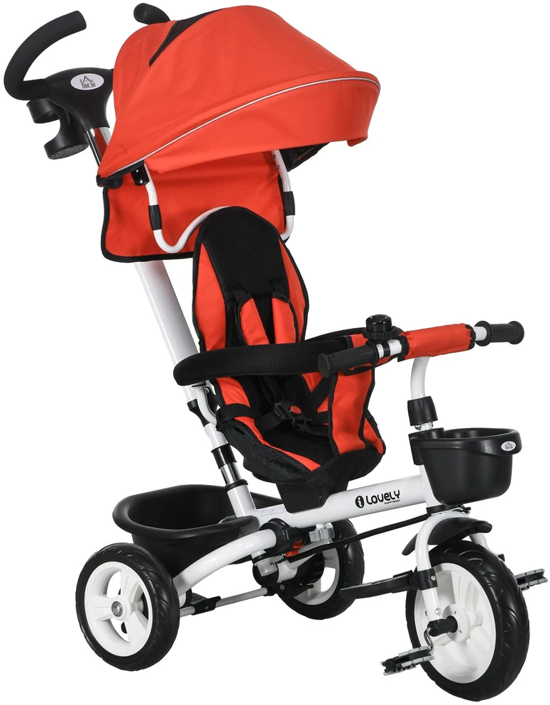 HOMCOM 6-in-1 triratukas su stūmimo rankena, vaikiškas triratukas su saugos diržu, sulankstomas, nuimamas stogelis nuo saulės, puodelio laikiklis, krepšelis, pedalai, iki 25 kg, 1-5 metų vaikams, raudonas
