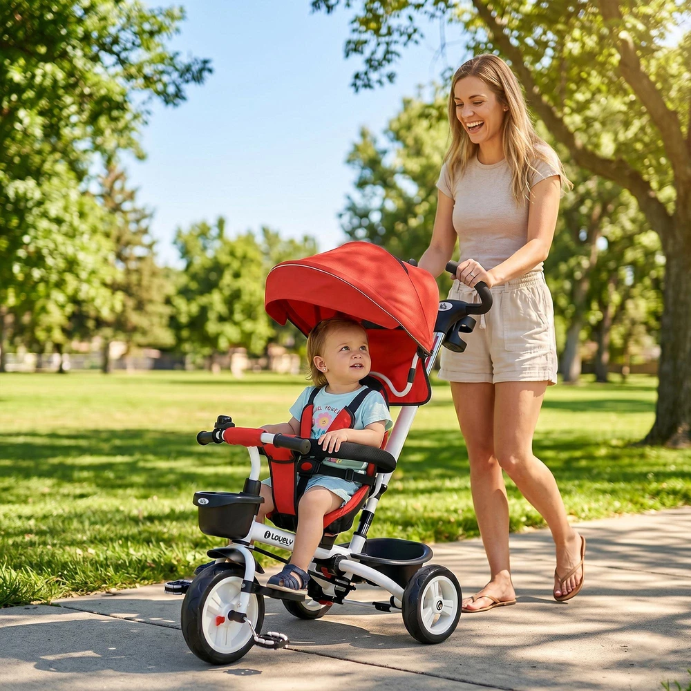 HOMCOM 6-in-1 triratukas su stūmimo rankena, vaikiškas triratukas su saugos diržu, sulankstomas, nuimamas stogelis nuo saulės, puodelio laikiklis, krepšelis, pedalai, iki 25 kg, 1-5 metų vaikams, raudonas