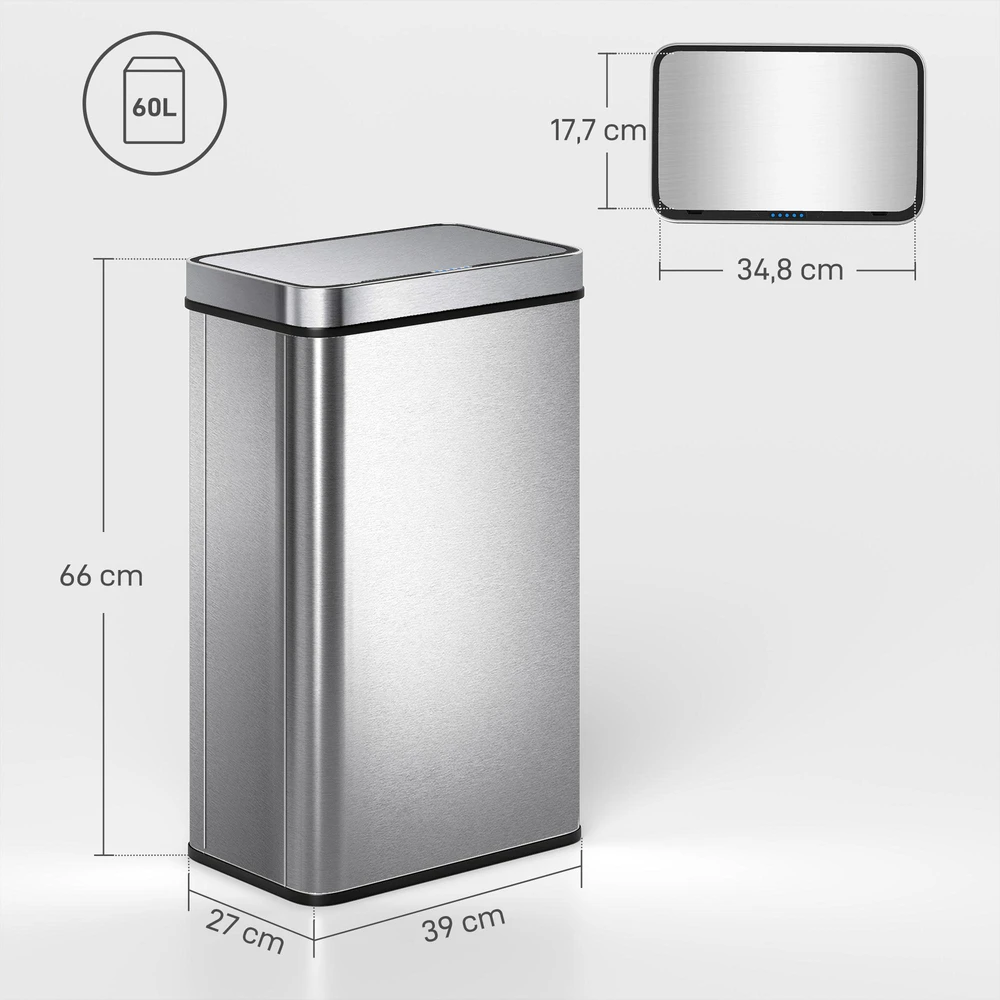 HOMCOM 60 l jutiklinė šiukšliadėžė, automatinis dangtis, nerūdijantis plienas, universalus pritaikymas, sidabrinė