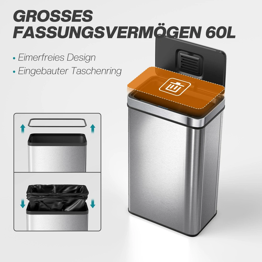 HOMCOM 60 l jutiklinė šiukšliadėžė, automatinis dangtis, nerūdijantis plienas, universalus pritaikymas, sidabrinė