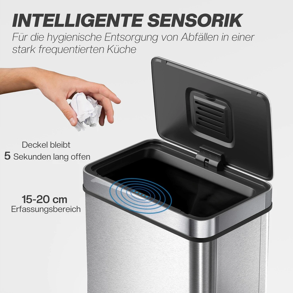 HOMCOM 60 l jutiklinė šiukšliadėžė, automatinis dangtis, nerūdijantis plienas, universalus pritaikymas, sidabrinė