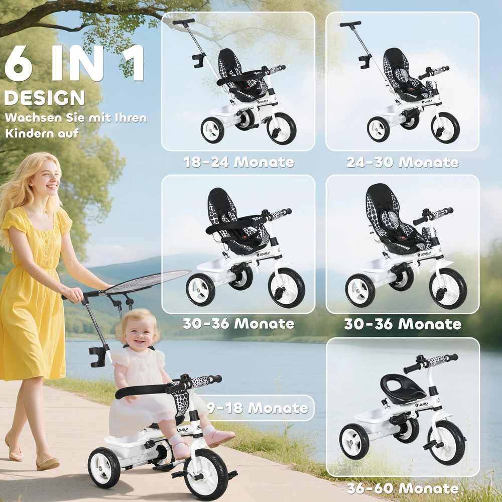 HOMCOM 6-in-1 triratukas su stūmimo rankena, nuimamu stogeliu, reguliuojamas, su puodelio laikikliu ir krepšeliu, 1-5 metams, baltas