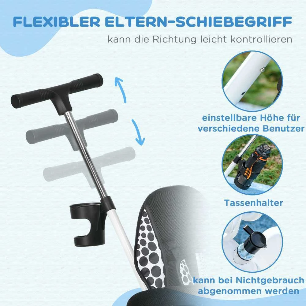 HOMCOM 6-in-1 triratukas su stūmimo rankena, nuimamu stogeliu, reguliuojamas, su puodelio laikikliu ir krepšeliu, 1-5 metams, baltas