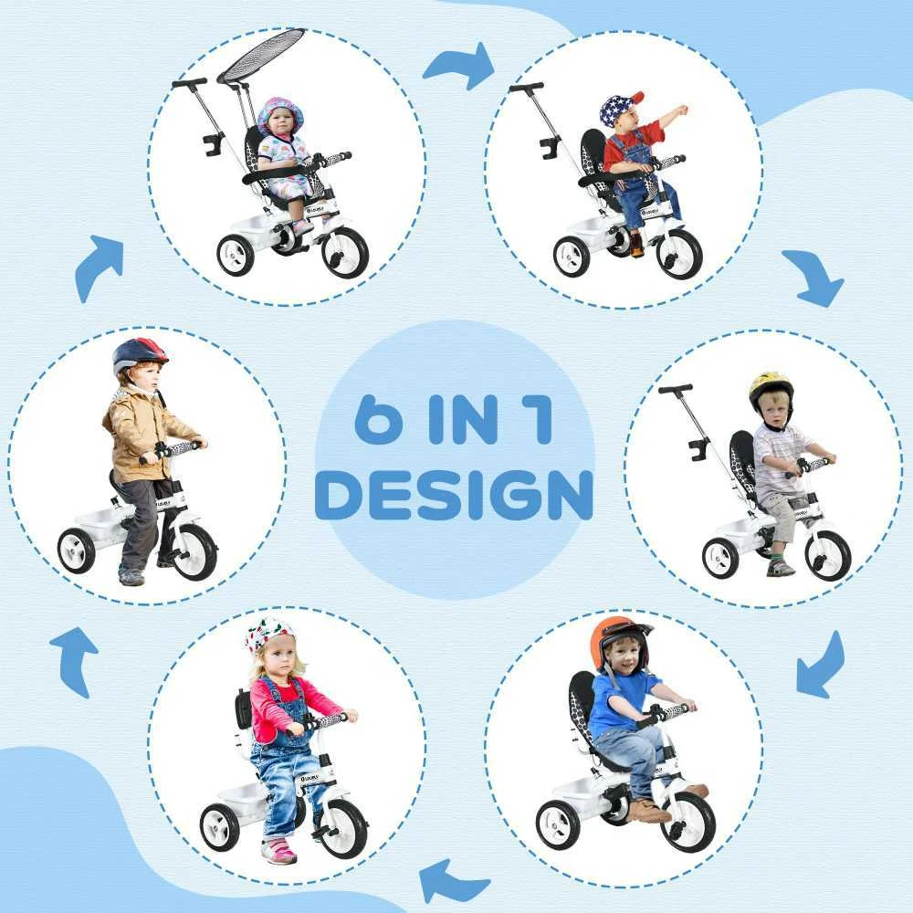 HOMCOM 6-in-1 triratukas su stūmimo rankena, nuimamu stogeliu, reguliuojamas, su puodelio laikikliu ir krepšeliu, 1-5 metams, baltas