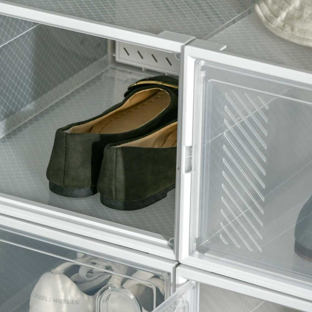 HOMCOM 8 batų dėžučių rinkinys, batų organizatorius su magnetinėmis durelėmis, plastikinė batų saugykla iki 45 dydžio, skaidri ir balta