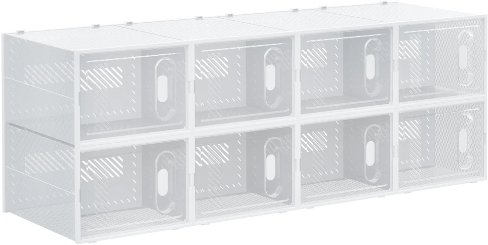 HOMCOM 8 batų dėžučių rinkinys, batų organizatorius su magnetinėmis durelėmis, plastikinė batų saugykla iki 45 dydžio, skaidri ir balta