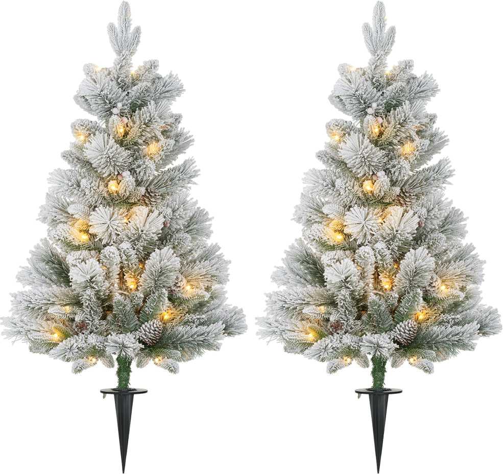 Kalėdinė eglutė su LED apšvietimu ir dirbtiniu sniegu, žalia/balta, 107 cm, 2 vnt.