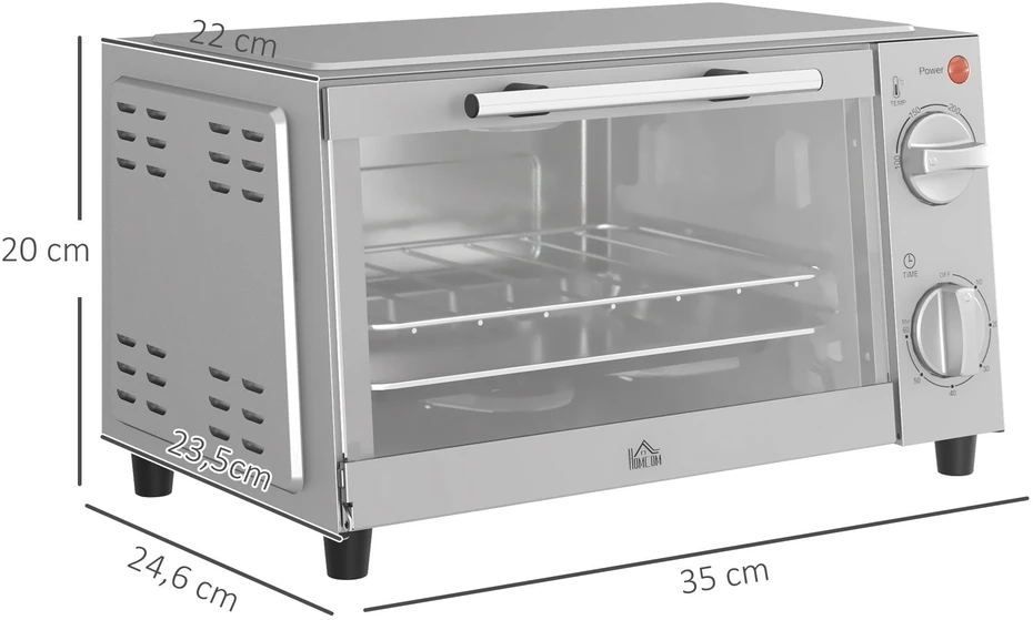 Elektrinė krosnelė HOMCOM 9L mini orkaitė su kepimo skarda, grotelėmis, 100 °C–230 °C, su reguliuojama temperatūra ir kepimo laiku, 60 min. laikmačiu, 750 W, nerūdijantis plienas, sidabrinė