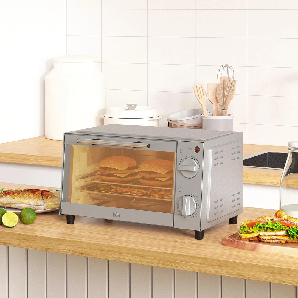 Elektrinė krosnelė HOMCOM 9L mini orkaitė su kepimo skarda, grotelėmis, 100 °C–230 °C, su reguliuojama temperatūra ir kepimo laiku, 60 min. laikmačiu, 750 W, nerūdijantis plienas, sidabrinė