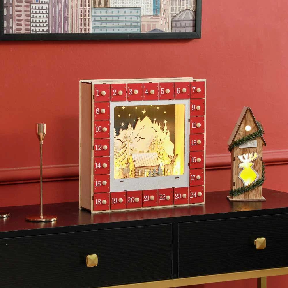 HOMCOM advento kalendorius su 24 stalčiais, pildomas, su LED lemputėmis, kalėdinis kalendorius, dekoracija, MDF, 34 x 7 x 34 cm, raudonas