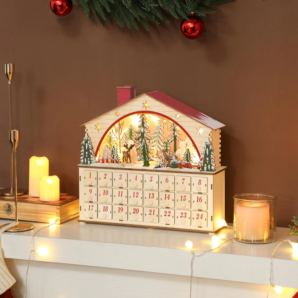 HOMCOM Adventų kalendorius pildomas, 24 stalčiai, kalėdinis kalendorius su LED lemputėmis, natūrali mediena, 36 x 10 x 34 cm