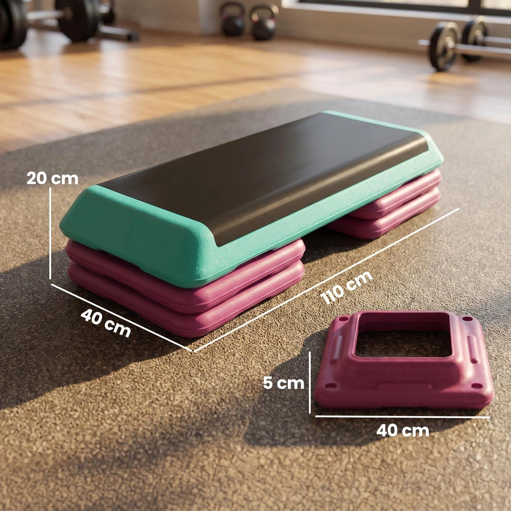HOMCOM aerobikos ir fitneso treniruoklis stepo platforma, reguliuojamo aukščio 10 cm/15 cm/20 cm, PVC PP, juoda+žalia+violetinė, 110 x 40 x 20 cm