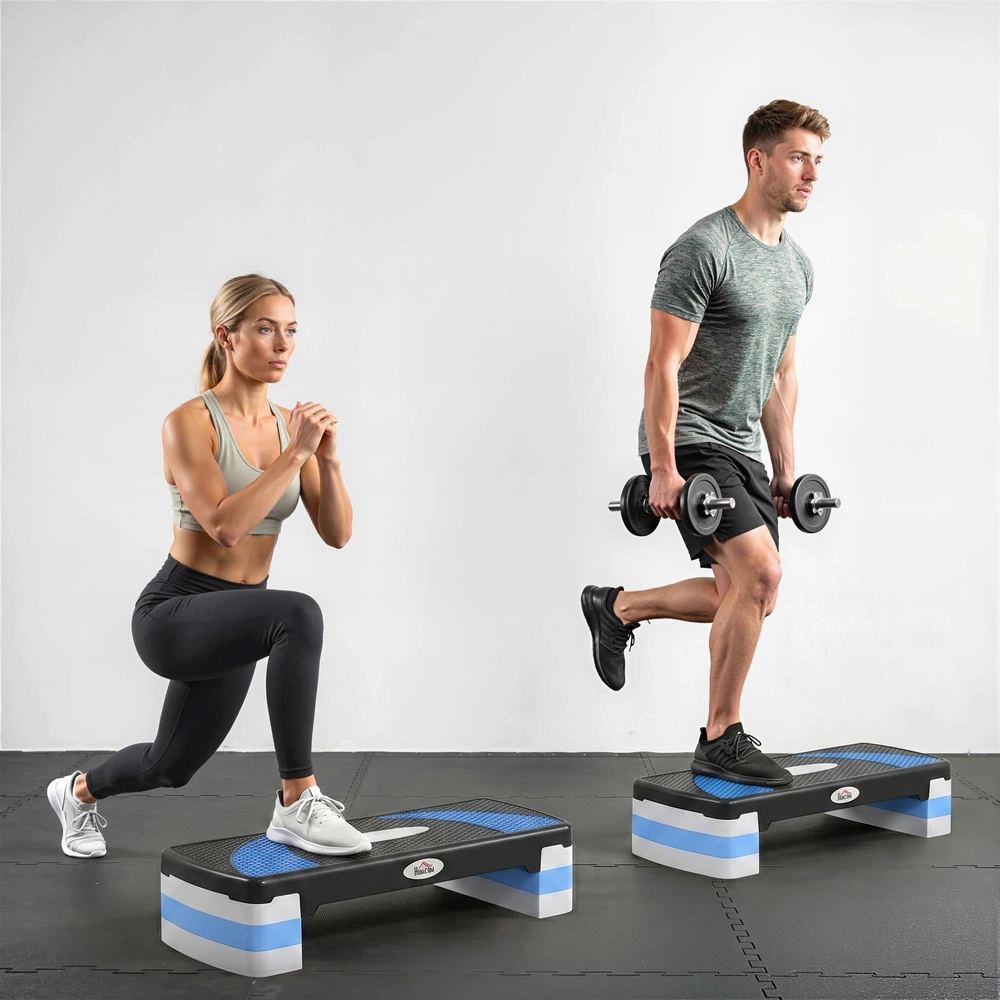 HOMCOM aerobikos platforma, reguliuojamo aukščio, 3 lygiai (10/15/20 cm), namų treniruoklis, iki 150 kg, šviesiai mėlyna, 80x31x10–20 cm