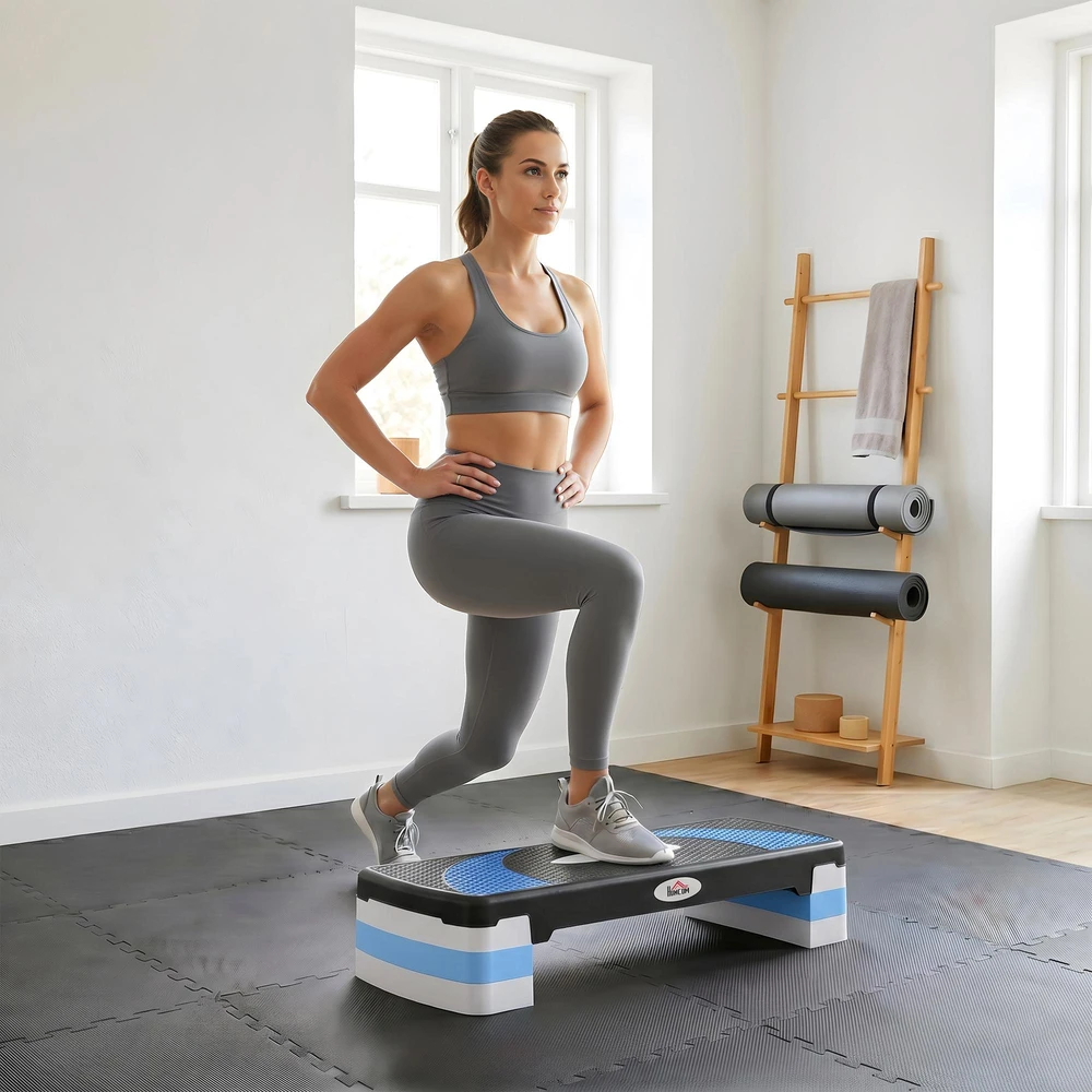 HOMCOM aerobikos platforma, reguliuojamo aukščio, 3 lygiai (10/15/20 cm), namų treniruoklis, iki 150 kg, šviesiai mėlyna, 80x31x10–20 cm