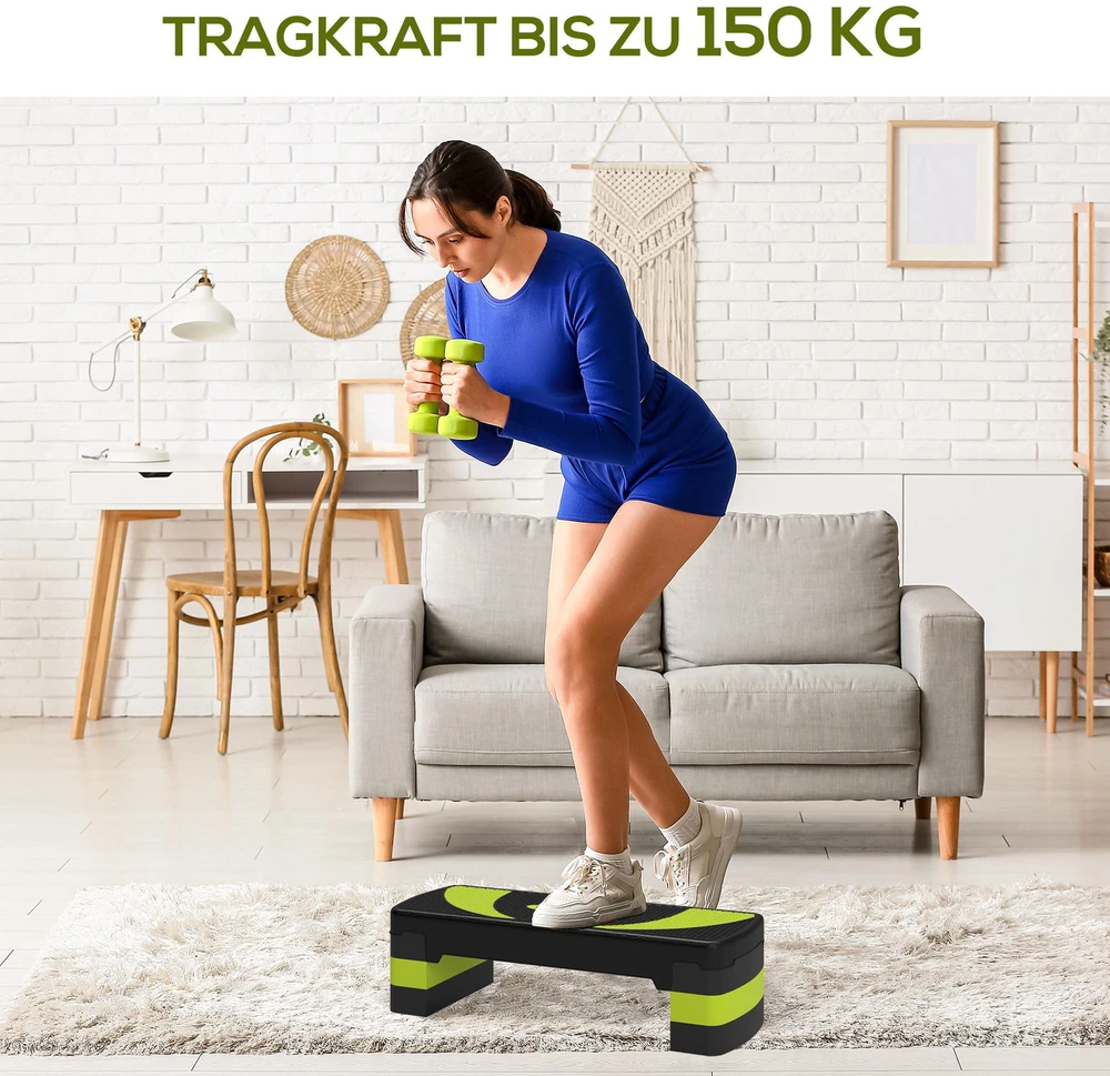 HOMCOM aerobikos step platforma, reguliuojamo aukščio, 3 lygiai (10/15/20 cm), namų treniruoklis, skirtas naudoti viduje ir lauke, apkrova iki 150 kg, žalia