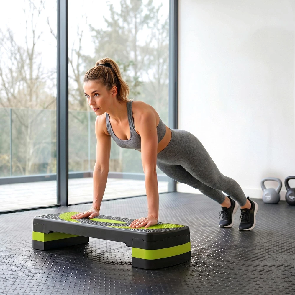 HOMCOM aerobikos step platforma, reguliuojamo aukščio, 3 lygiai (10/15/20 cm), namų treniruoklis, skirtas naudoti viduje ir lauke, apkrova iki 150 kg, žalia