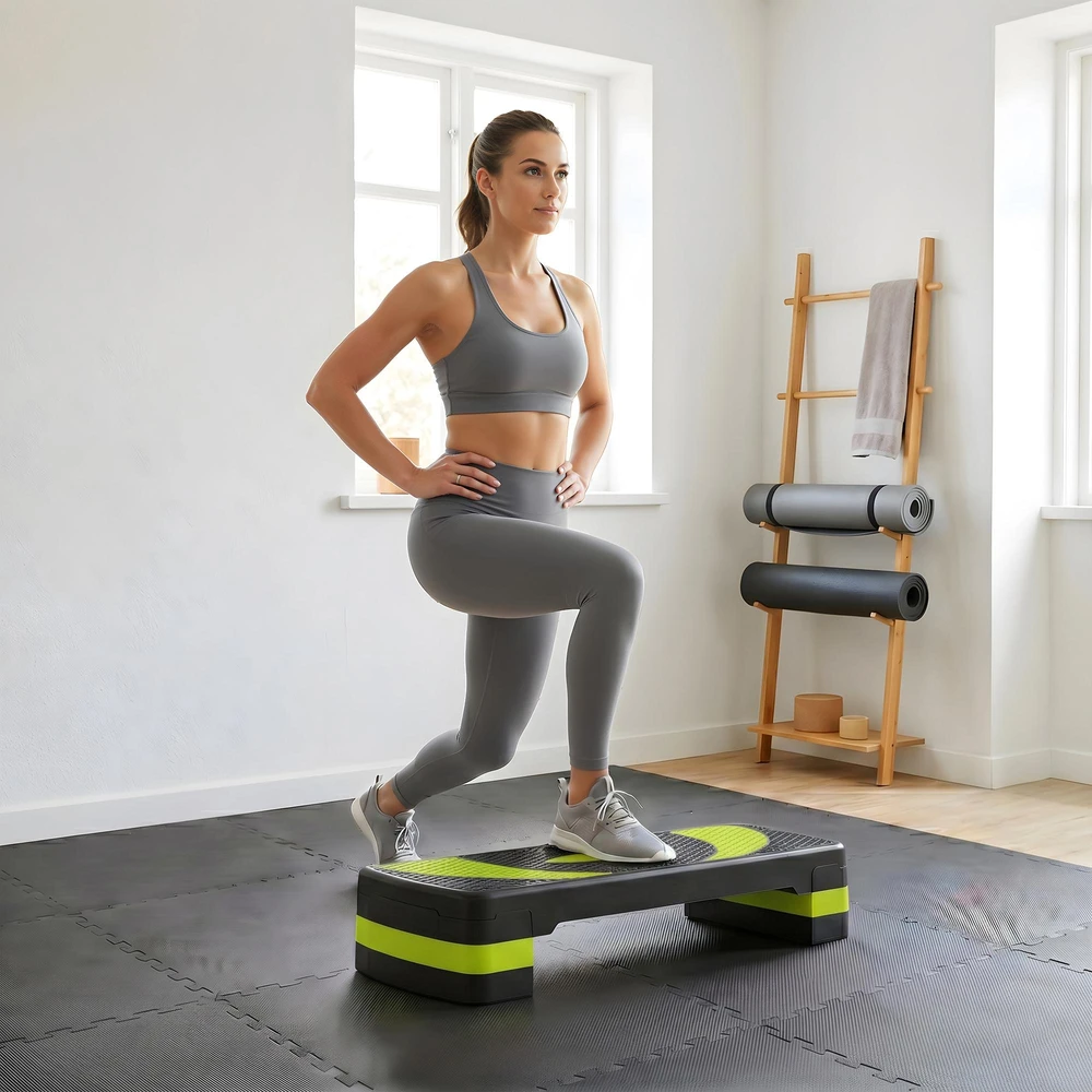 HOMCOM aerobikos step platforma, reguliuojamo aukščio, 3 lygiai (10/15/20 cm), namų treniruoklis, skirtas naudoti viduje ir lauke, apkrova iki 150 kg, žalia