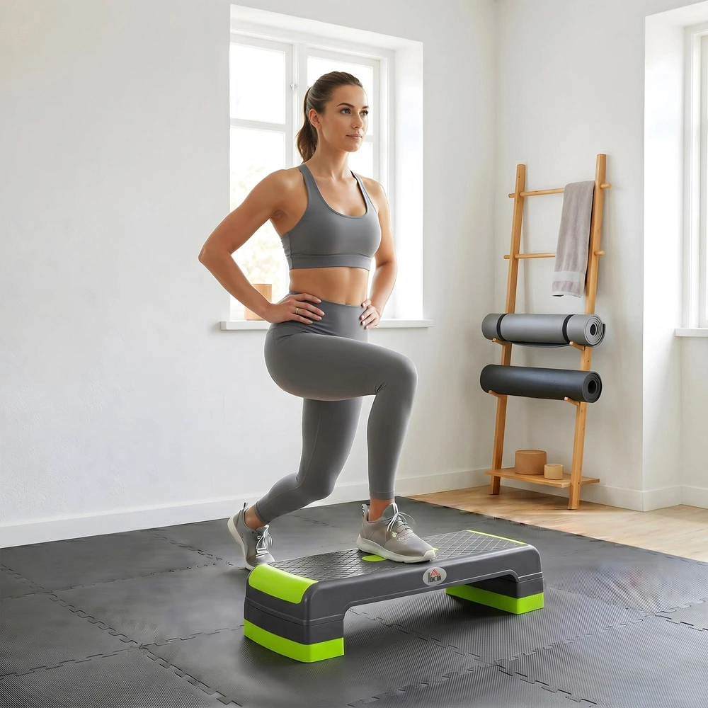 HOMCOM aerobikos steperis, reguliuojamo aukščio fitneso treniruoklis su 3 pakopomis (10/15/20 cm), skirtas naudojimui namuose, iki 150 kg, 78 x 28 x 10–20 cm, žalias