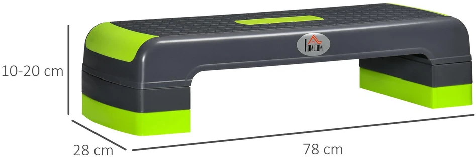HOMCOM aerobikos steperis, reguliuojamo aukščio fitneso treniruoklis su 3 pakopomis (10/15/20 cm), skirtas naudojimui namuose, iki 150 kg, 78 x 28 x 10–20 cm, žalias