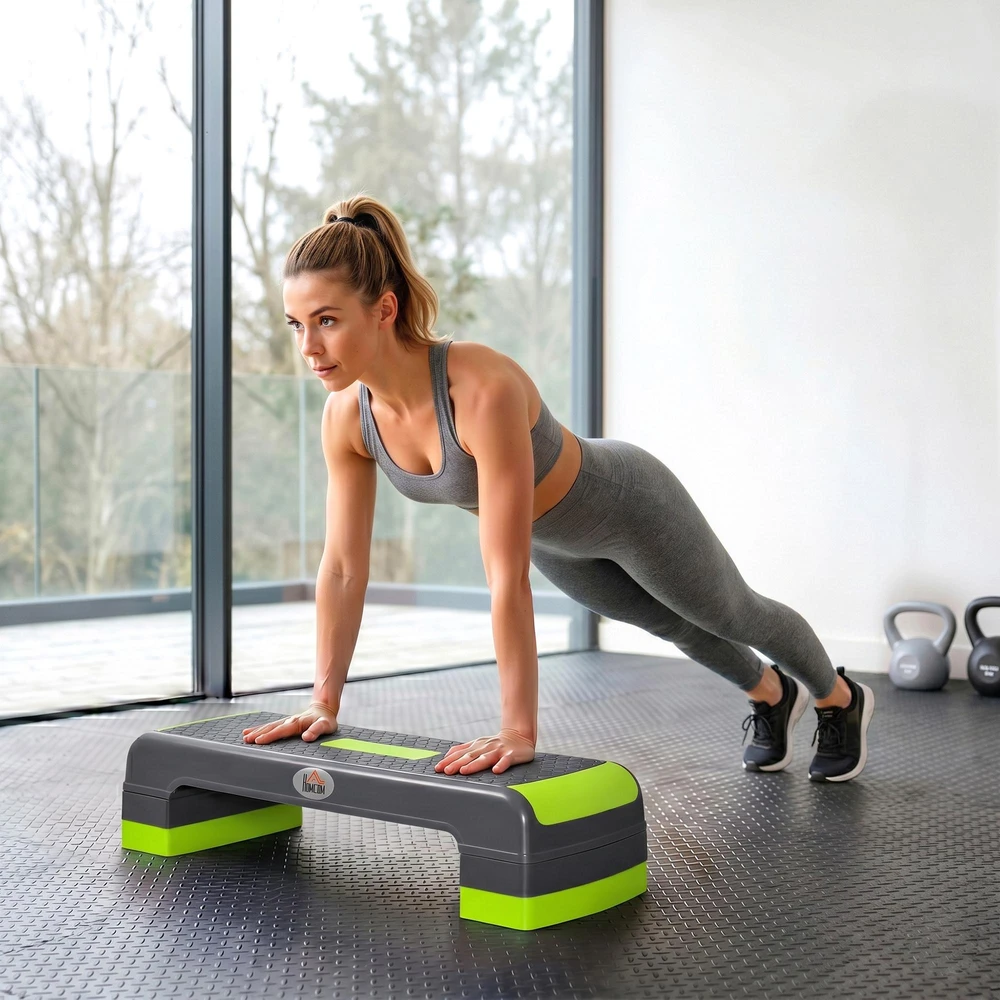 HOMCOM aerobikos steperis, reguliuojamo aukščio fitneso treniruoklis su 3 pakopomis (10/15/20 cm), skirtas naudojimui namuose, iki 150 kg, 78 x 28 x 10–20 cm, žalias