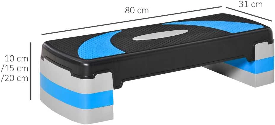 HOMCOM aerobikos platforma, reguliuojamo aukščio, 3 lygiai (10/15/20 cm), namų treniruoklis, iki 150 kg, šviesiai mėlyna, 80x31x10–20 cm