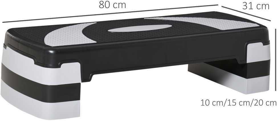 HOMCOM aerobikos stepas, reguliuojamas aukštis (10/15/20 cm), fitneso treniruoklis namams, iki 150 kg, 80x31x10-20 cm