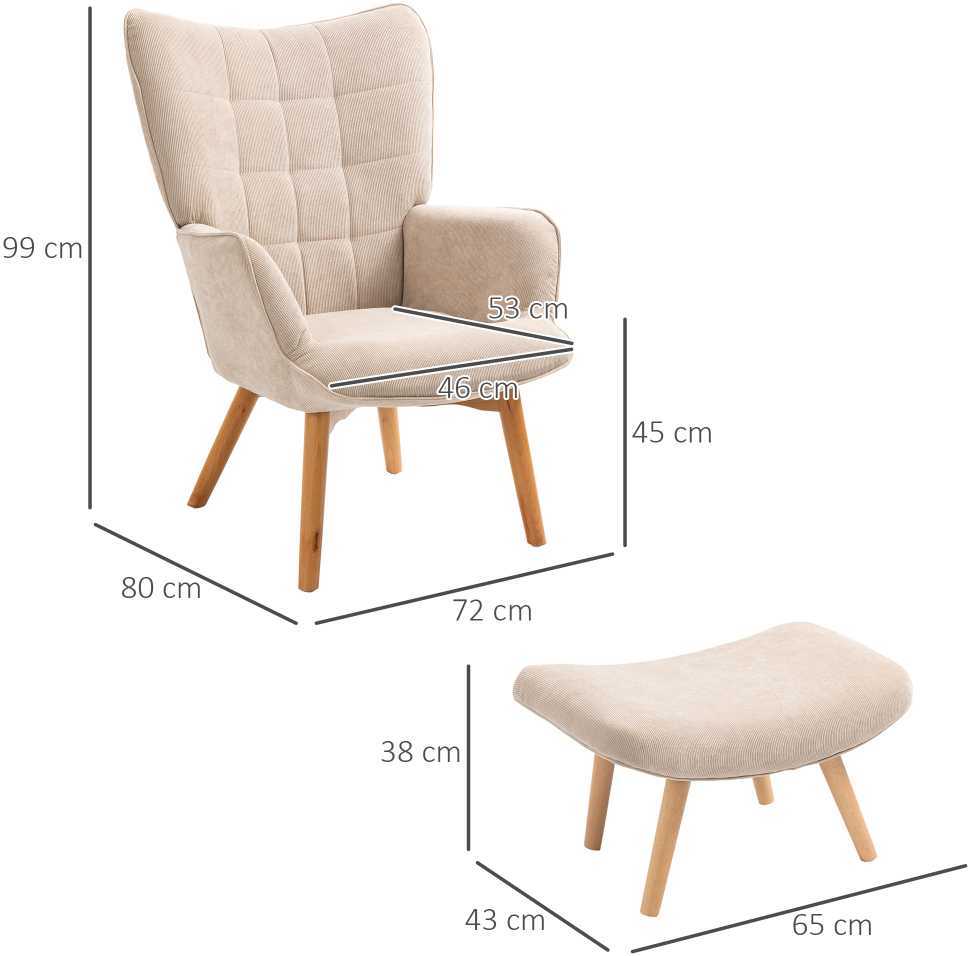HOMCOM fotelis su kėdute kojoms, poilsio krėslas, minkštas fotelis su korduotu paviršiumi, svetainės krėslas, fotelis su medinėmis kojelėmis, televizoriaus krėslas svetainei, smėlio spalvos