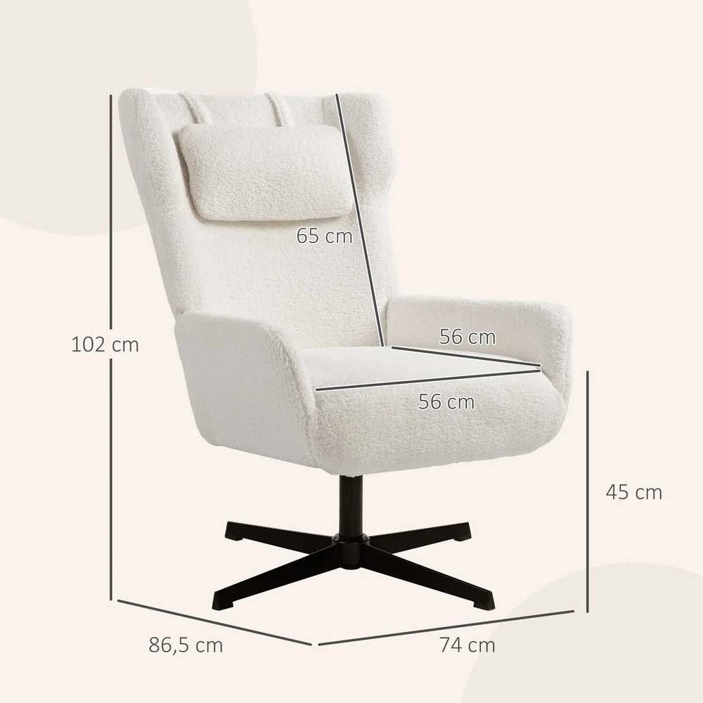 HOMCOM akcentinė kėdė, minkštas fotelis su vilnos danga, besisukantis pagrindas, metalinis rėmas, kreminė balta
