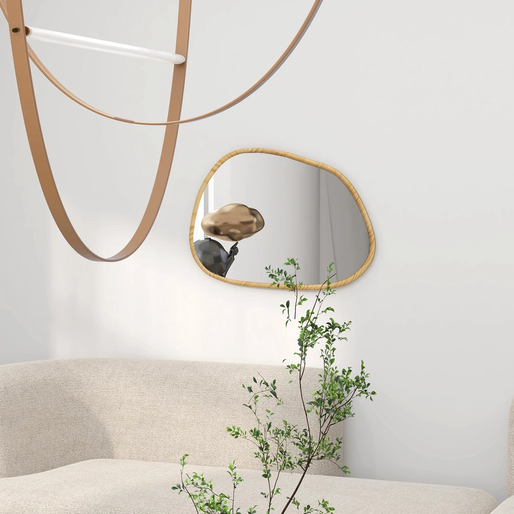 HOMCOM asimetrinis sieninis veidrodis 70x50 cm, vonios veidrodis, medinis rėmas, antikorozinis, voniai, svetainei, prieškambariui, miegamajam, natūralios spalvos
