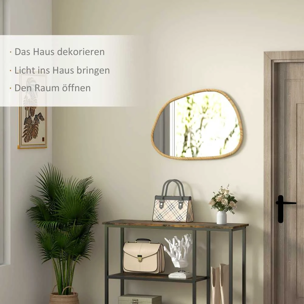 HOMCOM asimetrinis sieninis veidrodis 70x50 cm, vonios veidrodis, medinis rėmas, antikorozinis, voniai, svetainei, prieškambariui, miegamajam, natūralios spalvos
