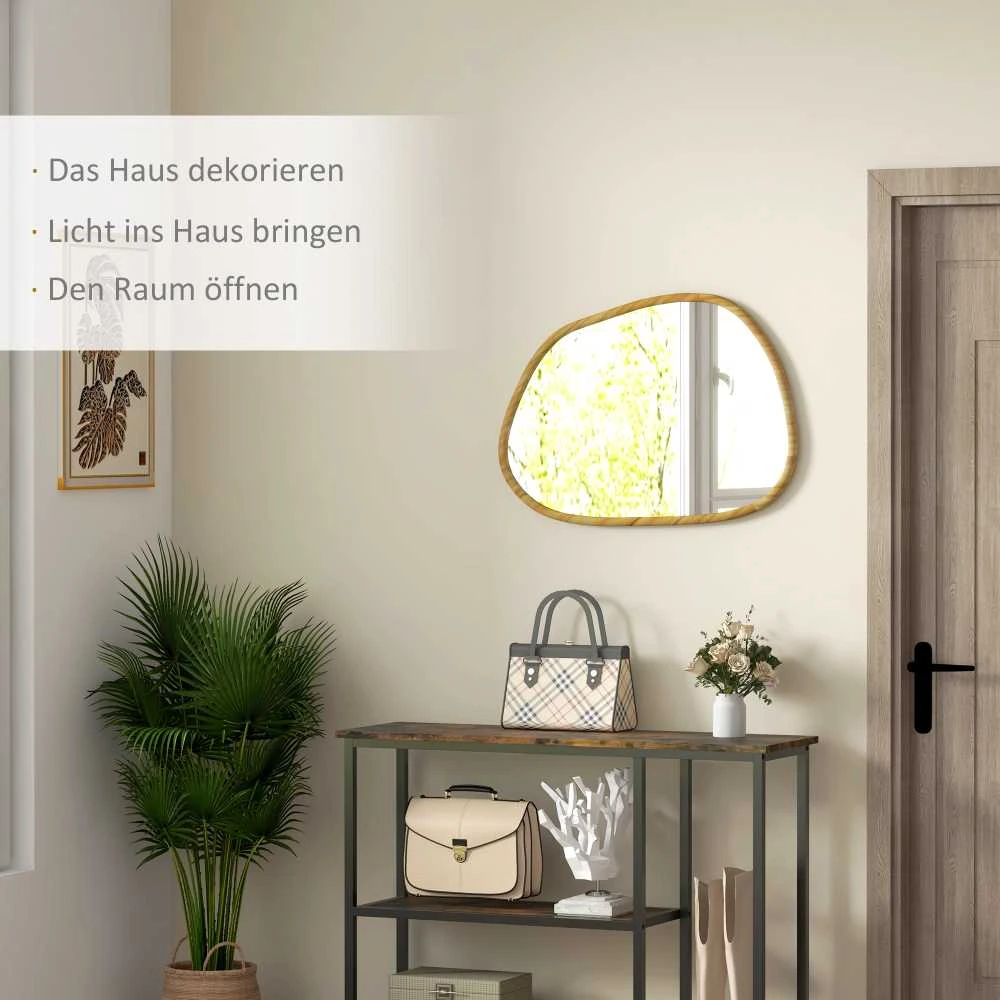 HOMCOM asimetrinis sieninis veidrodis 70x50 cm, vonios veidrodis, medinis rėmas, antikorozinis, voniai, svetainei, prieškambariui, miegamajam, natūralios spalvos
