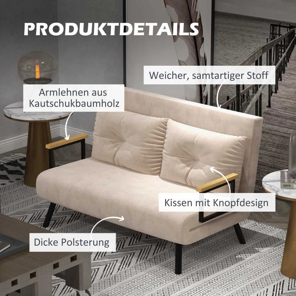 HOMCOM išskleidžiama sofa, poilsio fotelis su lovos funkcija, sulankstoma sofa su aksomo efektu, nugaros pagalvėlė, paminkštinta sofa su reguliuojamu atlošu, smėlio spalvos, 102 x 73 x 81 cm