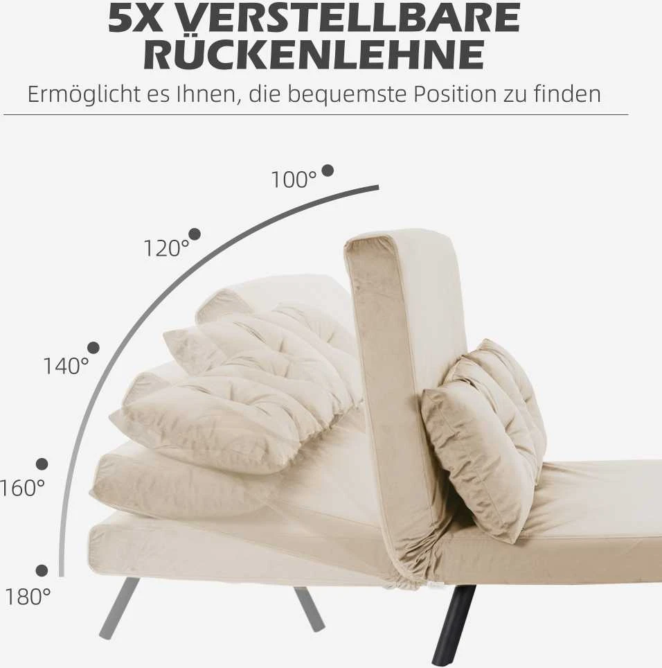 HOMCOM išskleidžiama sofa, poilsio fotelis su lovos funkcija, sulankstoma sofa su aksomo efektu, nugaros pagalvėlė, paminkštinta sofa su reguliuojamu atlošu, smėlio spalvos, 102 x 73 x 81 cm