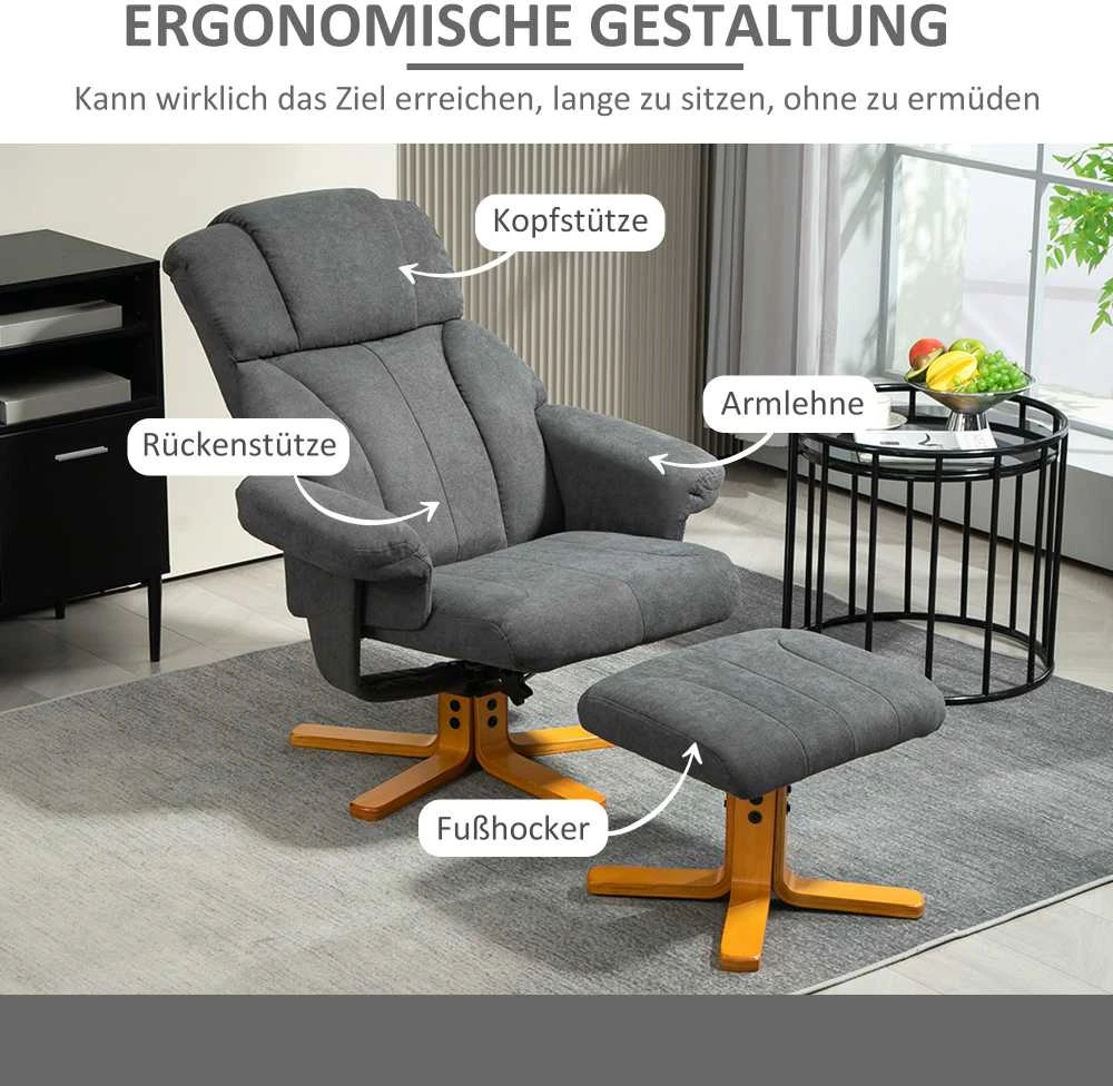 HOMCOM poilsio kėdė su atlošimo funkcija, fotelis su pakoja, televizoriaus kėdė iki 150 kg apkrovai, svetainei, miegamajam, 79 x 80 x 104 cm, tamsiai pilka