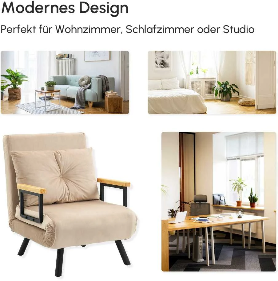 HOMCOM sofa lova, poilsio fotelis su miegamąja funkcija, svečių lova su aksomo išvaizda, nugaros pagalvėlė, paminkštinta sofa su reguliuojamu atlošu, smėlio spalvos, 63 x 73 x 81 cm