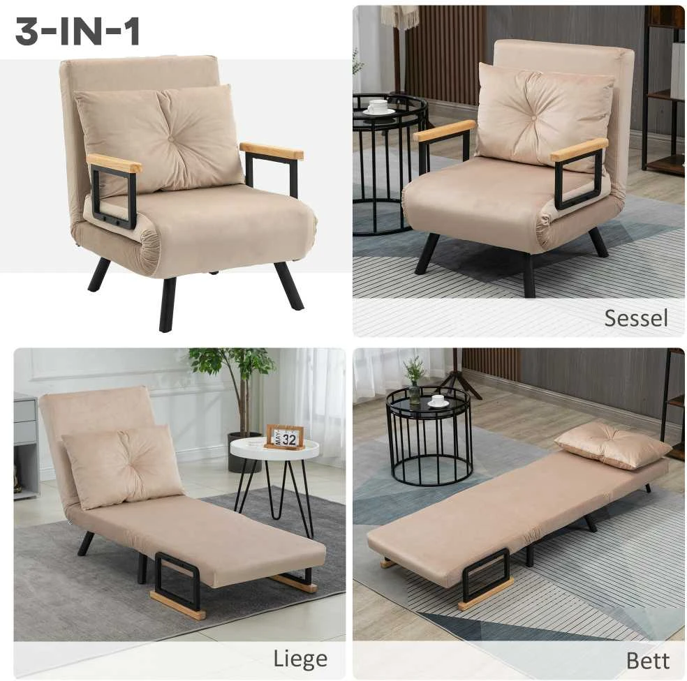 HOMCOM sofa lova, poilsio fotelis su miegamąja funkcija, svečių lova su aksomo išvaizda, nugaros pagalvėlė, paminkštinta sofa su reguliuojamu atlošu, smėlio spalvos, 63 x 73 x 81 cm