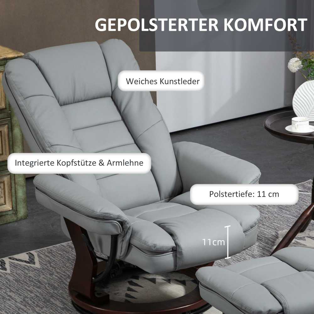 Fotelis HOMCOM poilsio kėdė su taburete, 360° besisukanti televizoriaus kėdė su atlošimo funkcija, TV kėdė, poilsio kėdė, išlaikanti iki 130 kg svorį, skirta svetainei, dirbtinė oda, pilka