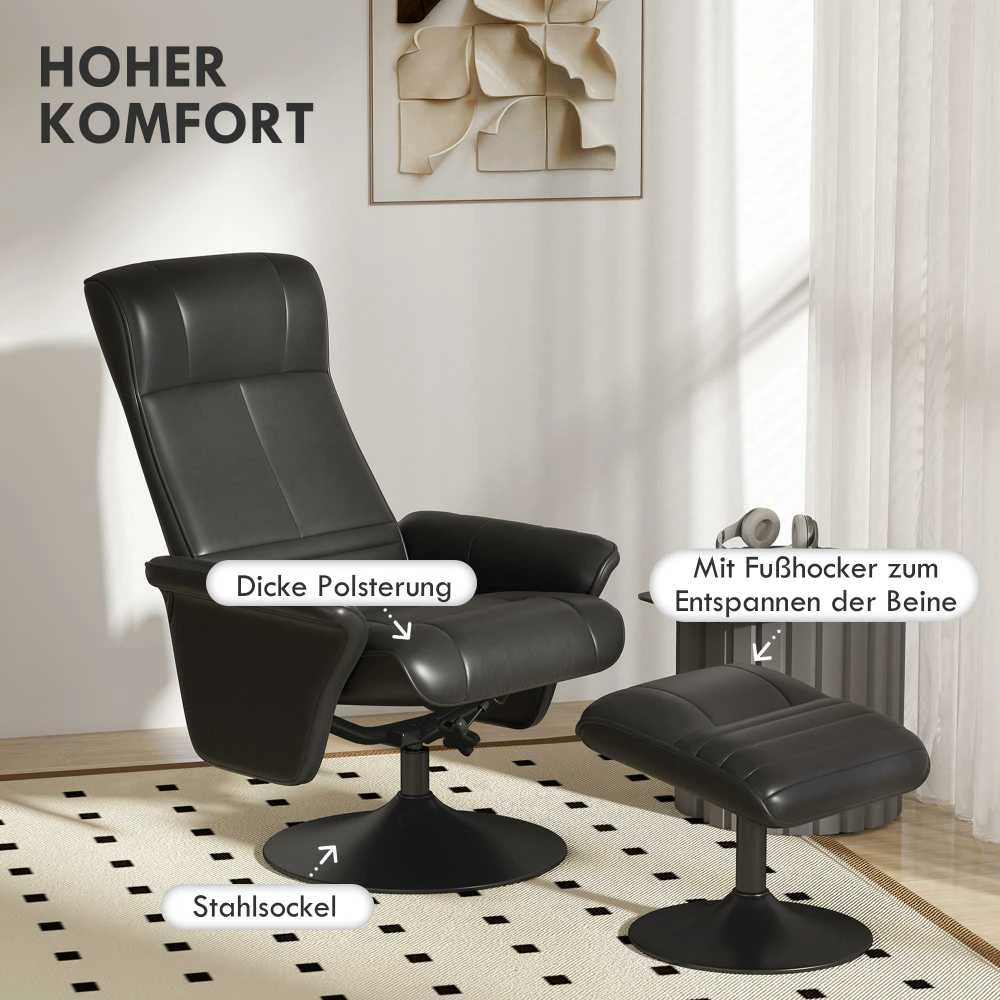 HOMCOM poilsio fotelis su pakoja, besisukantis TV fotelis su atsilošimo funkcija, iki 150 kg, svetainei ir miegamajam, mikropluoštas, juodas