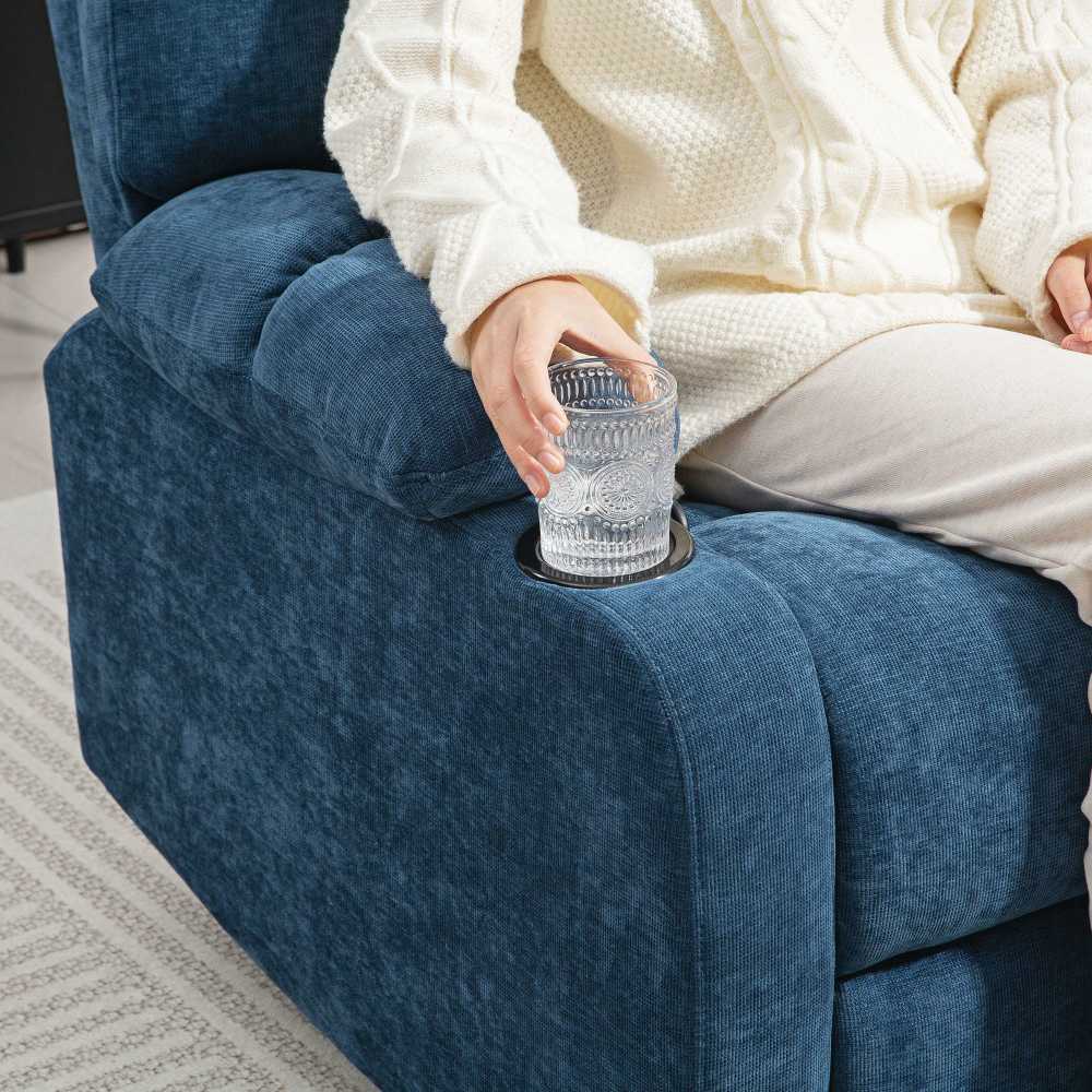 HOMCOM poilsio fotelis, TV fotelis su atsilenkimo funkcija, supimosi funkcija, besisukantis, su kojų atrama, kišeninėmis spyruoklėmis ir puodelių laikikliu, svetainei, tamsiai mėlynas