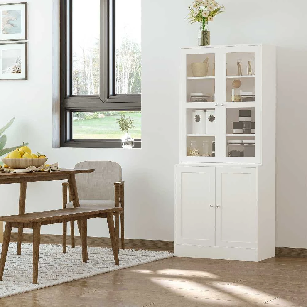 HOMCOM knygų spinta 178,5 cm, vitrina su stiklinėmis durelėmis, 6 skyriai, balta
