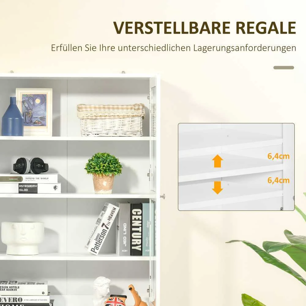HOMCOM knygų spinta 178,5 cm, vitrina su stiklinėmis durelėmis, 6 skyriai, balta