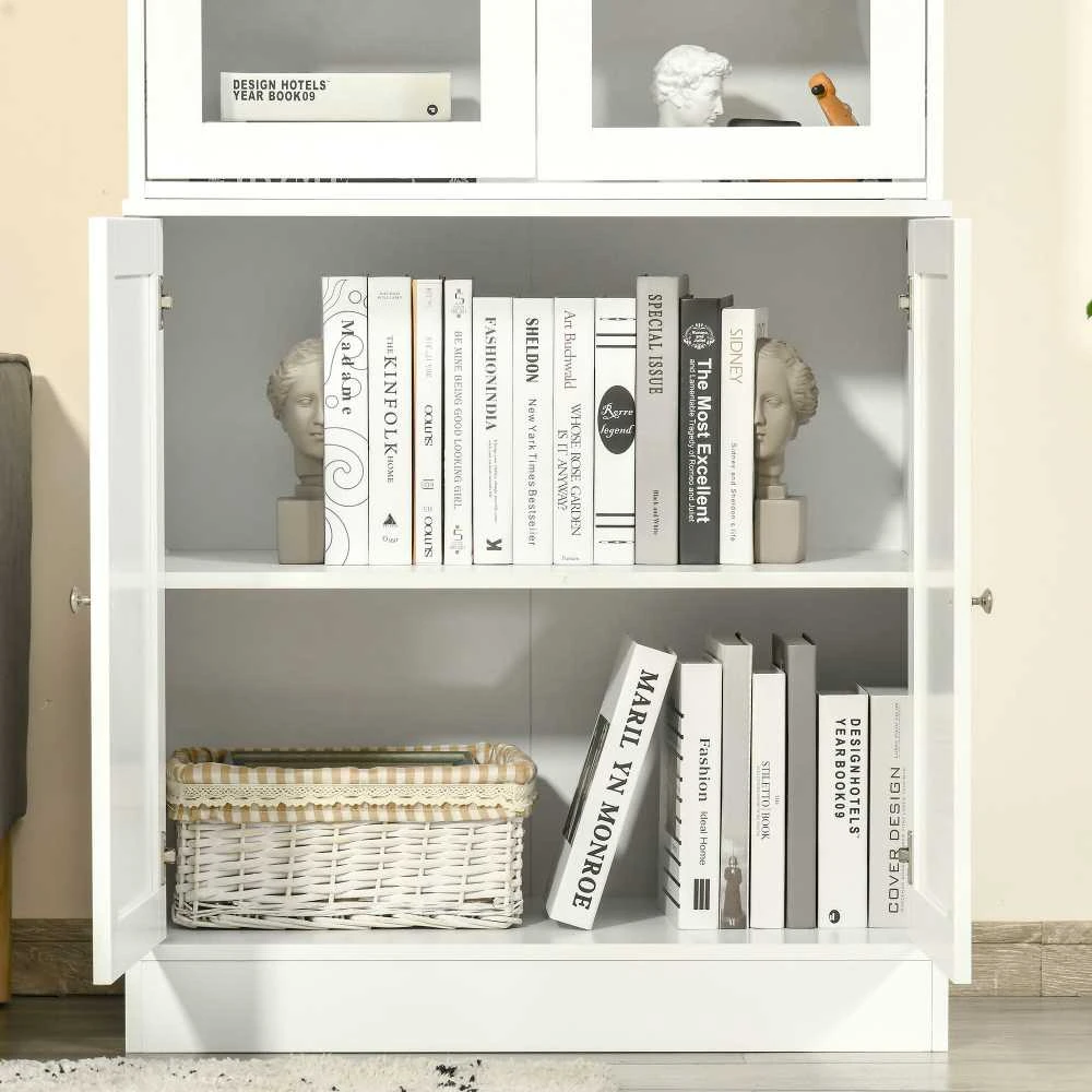 HOMCOM knygų spinta 178,5 cm, vitrina su stiklinėmis durelėmis, 6 skyriai, balta