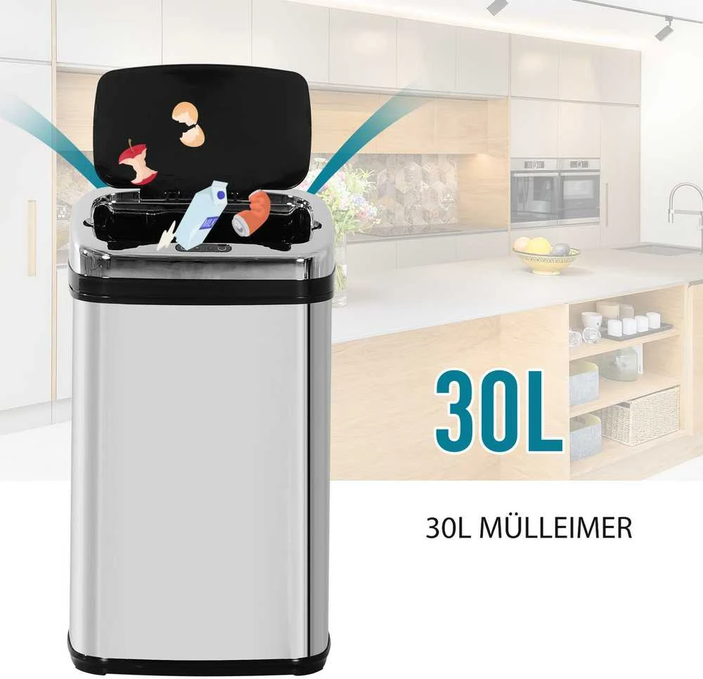 HOMCOM automatinė šiukšliadėžė su jutikliu, 30 l, kvadratinė, su išimamu vidiniu kibiru, nerūdijantis plienas