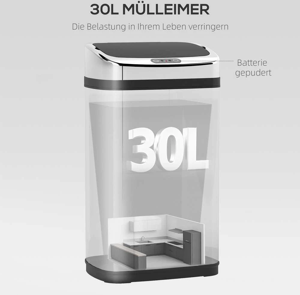 HOMCOM automatinė šiukšliadėžė su jutikliu, 30 l, kvadratinė, su išimamu vidiniu kibiru, nerūdijantis plienas