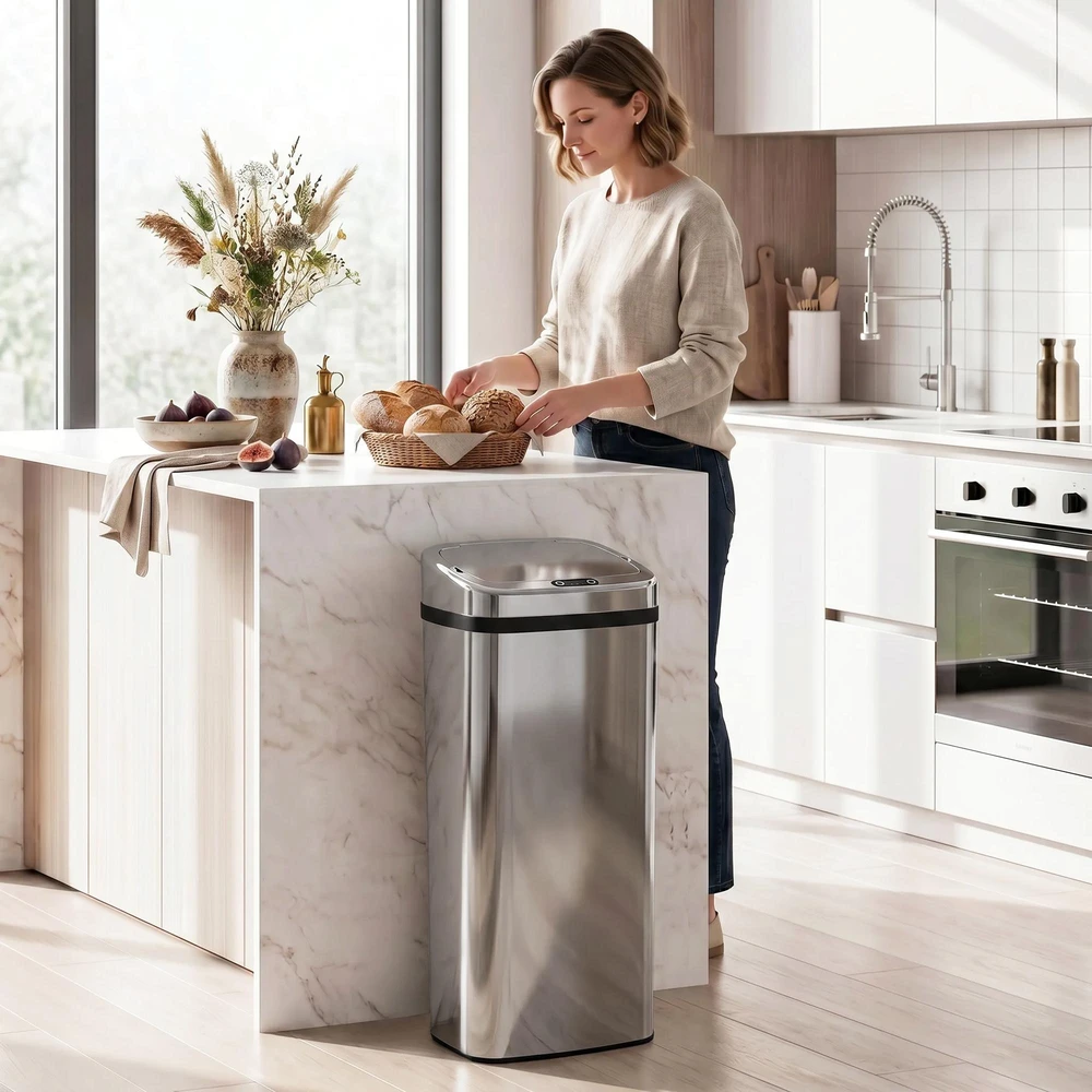 HOMCOM automatinė šiukšliadėžė su jutikliu, virtuvinė šiukšliadėžė iš nerūdijančio plieno, 50/68 l, sidabrinė (50 l)